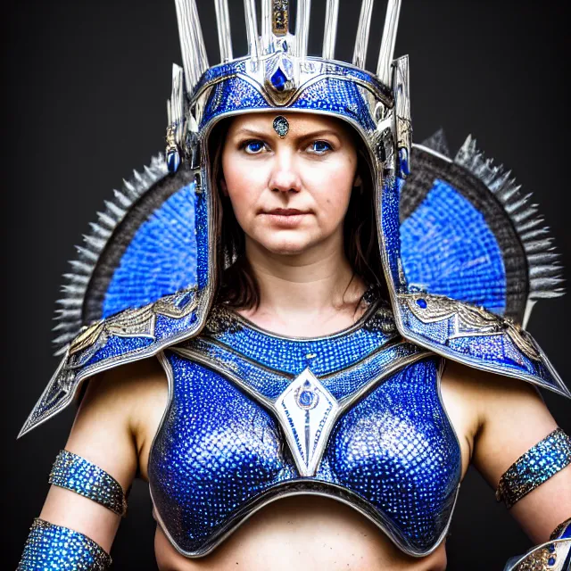 Prompt: full length photo of a beautiful warrior queen wearing sapphire encrusted armour, highly detailed, 8 k, hdr, smooth, sharp focus, high resolution, award - winning photo