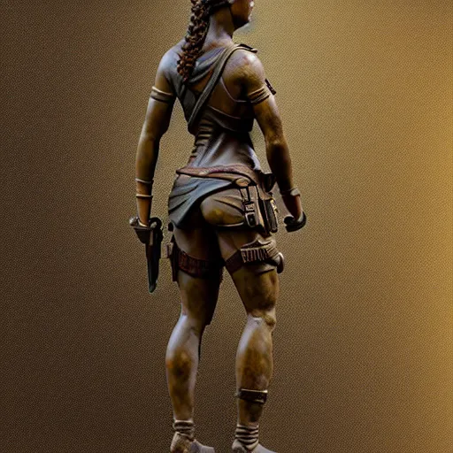 Image similar to detailed photo of an old bronze patina statue of a lara croft full body portrait, intricate detail, museum diffuse lighting