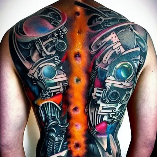 Image similar to backside on the shoulders is a tattoo of a 3 d hole in the skin with multicolored tubes and robotic mechanics and computerparts inside under the skin, insanely integrate,