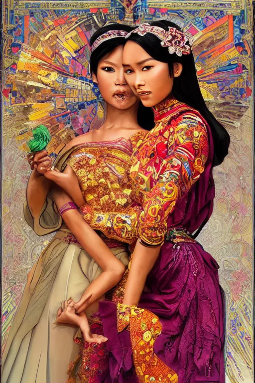 Image similar to hand holding a lego, portrait of a beautiful indonesian supermodels wearing traditional costume, highly detailed, digital painting, artstation, concept art, sharp focus, illustration, art by kittichai rueangchaichan and james gurney and alphonse mucha