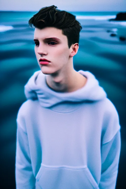 Prompt: high quality pastel coloured film mid angle docu photograph of a beautiful young 2 0 year old male, soft features, short black hair, oversized clothing, next to icelandic black rock pool environment. atmospheric. three point light. photographic. art directed. ( pastel colours ). volumetric light. clearcoat. waves glitch. 8 k. filmic.