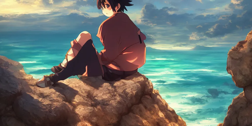 Prompt: isekai masterpiece anime boy sitting on a rock off to the side looking down upon ocean, during dawn, cinematic, very warm colors, intense shadows, anime illustration, anime screenshot composite background