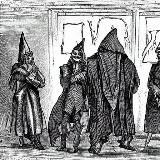 Image similar to a group of inquisitor's judging a witch in a court room