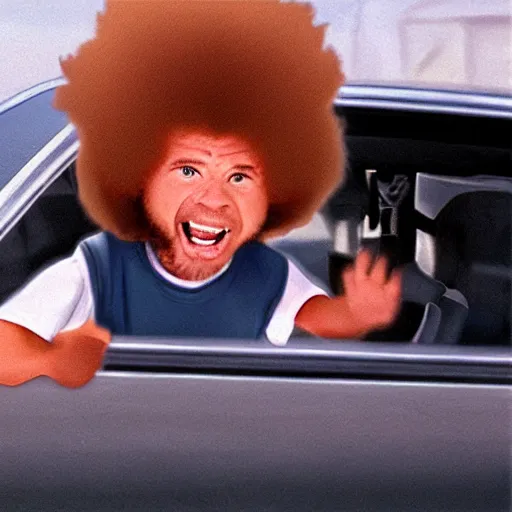 Image similar to a tiny screaming angry bob ross running your in rear view mirror, photograph