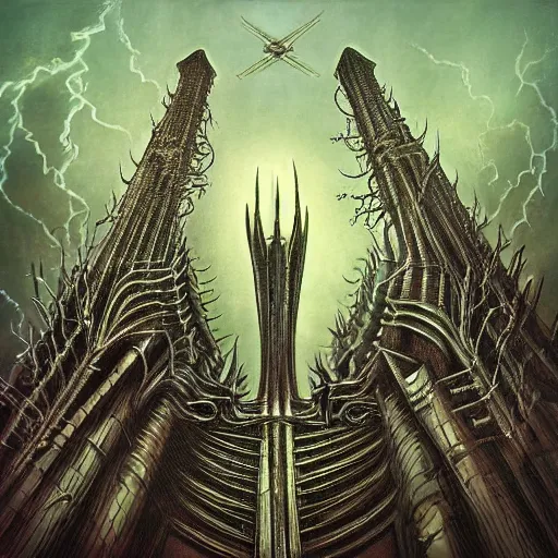 Image similar to barad - dur in the style of h. r. giger