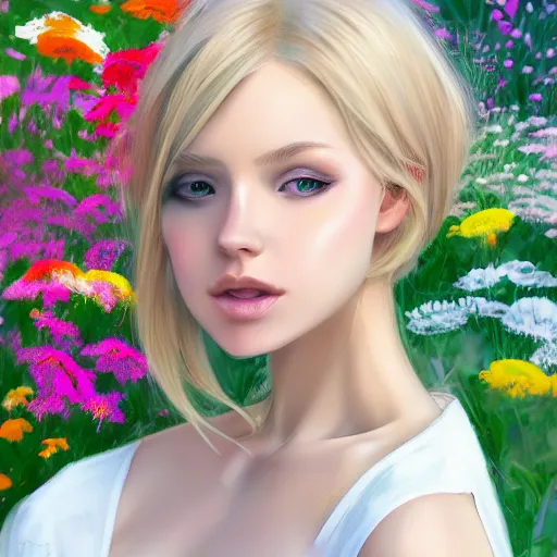 Image similar to blonde haired woman wearing white dress surrounded by flowers of many colors, sunlight beams, drawn by WLOP, trending on artstation, ultra detailed, 8K,