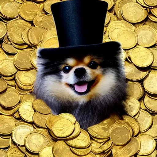 Image similar to A pomeranian wearing a top-hat, sitting on top of a large pile of gold coins