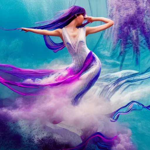 Prompt: masterpiece artwork of beautiful modern woman dancing underwater wearing a flowing dress made of blue, magenta, and yellow seaweed, delicate coral sea bottom, swirling silver fish, swirling smoke shapes, octane render, caustics lighting from above, cinematic, hyperdetailed