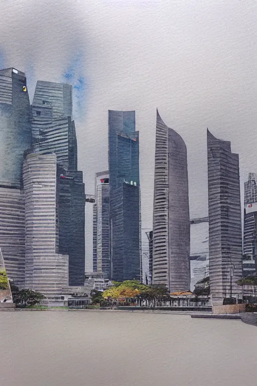 Image similar to a watercolor depicting an empty singapore city, gloomy weather, high contrast, smooth, by joseph zbikowicz, 8 k