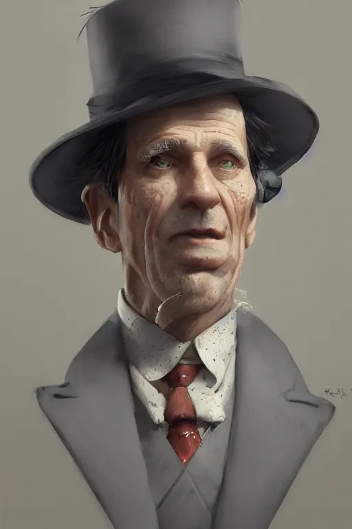 Image similar to a grey hair old halfling top hat and suit no beard by Greg Rutkowski, painting, portrait, HD, high details, trending on artstation