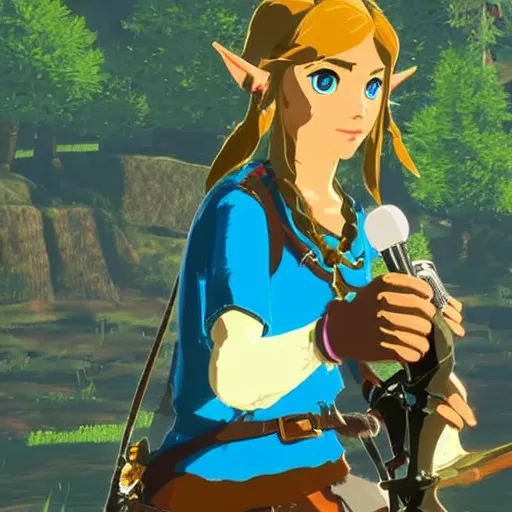 Prompt: zelda holding a microphone and a camera, in breath of the wild