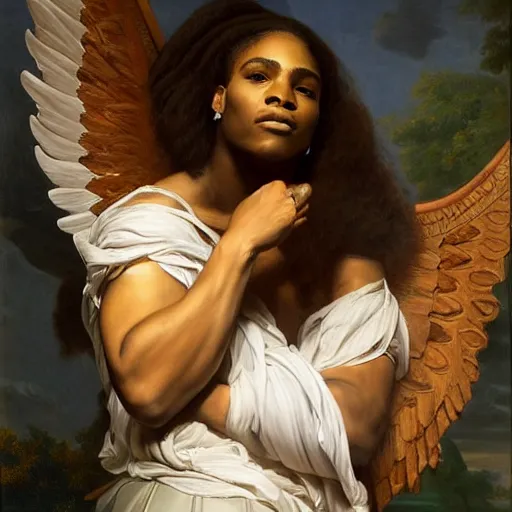 Image similar to Portrait of Serena Williams as Nike Goddess, large wings, luxuriant, dreamy, eternity, romantic, strong pose, highly detailed, in the style of Franz Xaver Winterhalter, highly detailed, in the style of Aetherpunk