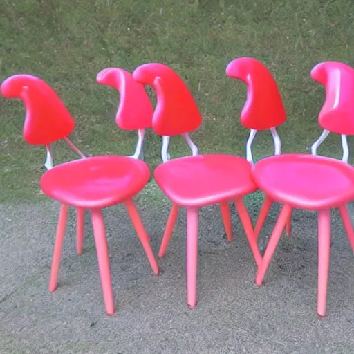 Prompt: photo, photography, mid - century kitchen chairs, vintage home wall art, 5 0 s chrome, pink, coral, retro, coral, salmon, diamond, dinette set