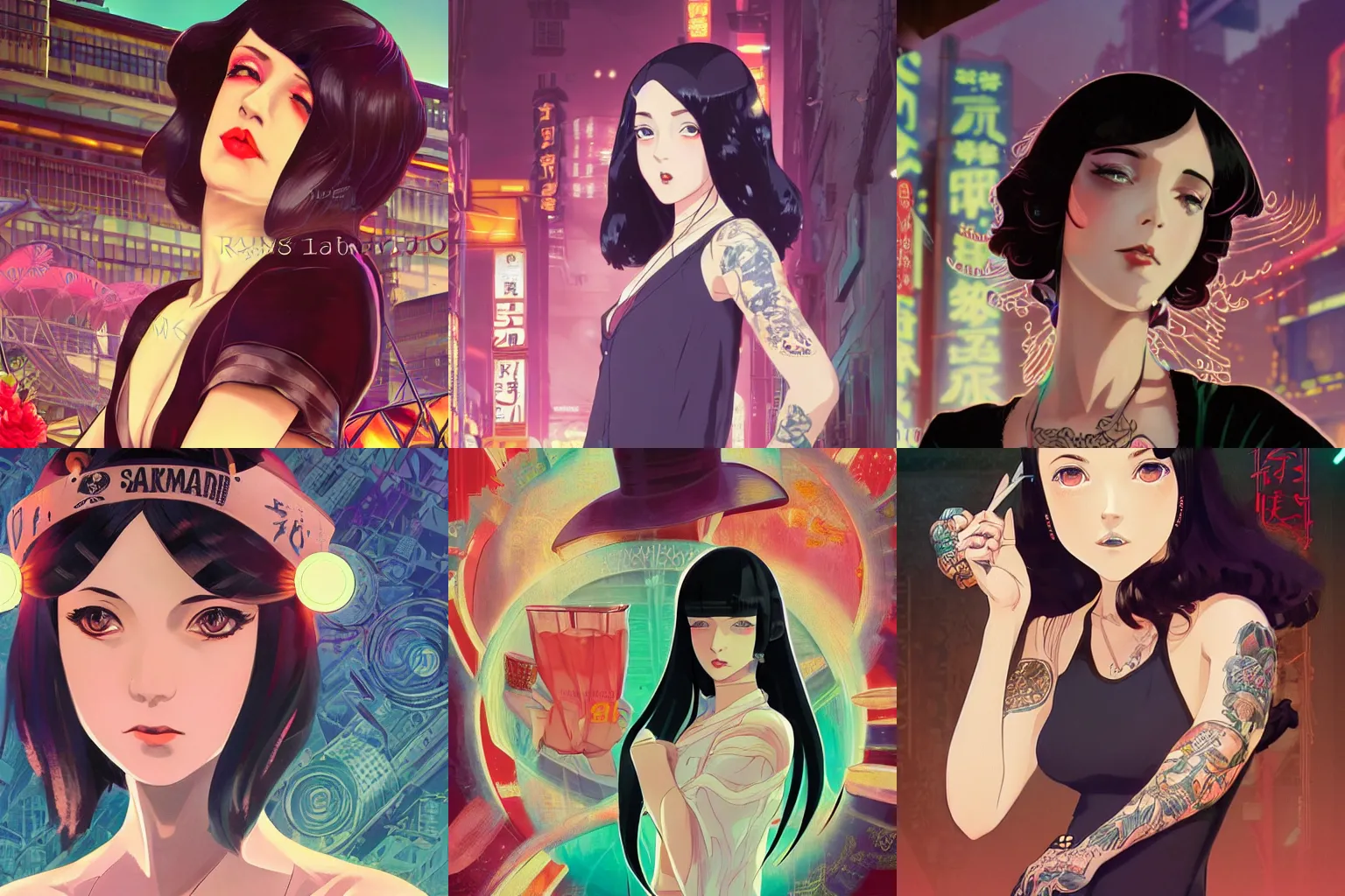 Prompt: portrait of a beautiful girl with dark hair dressed in 1920\'s fashion with a sci fi twist, she is covered in Yakuza tattoos solar punk city background, rich vivid colors, ambient lighting, dynamic lighting, 4k, HQ, official media, anime key visual, syd mead, makoto shinkai, ilya kuvshinov, lois van baarle, rossdraws, detailed, trending on artstation