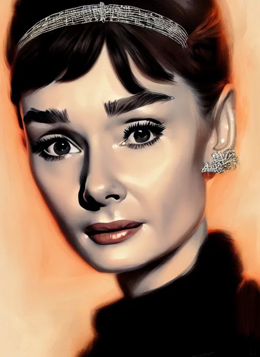 Image similar to portrait of audrey hepburn with bangs, 1 9 6 0 s, long hair, white hairband, bangs, intricate, elegant, glowing lights, highly detailed, digital painting, artstation, concept art, smooth, sharp focus, illustration, art by wlop, mars ravelo and greg rutkowski