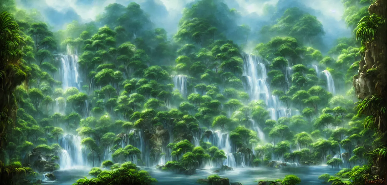 Image similar to waterfall in the jungle, a detailed matte painting by bob ross, deviantart, fantasy art, matte painting, detailed painting, 2 d game art