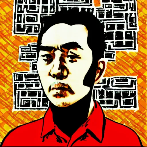 Image similar to uyghur Uighur in a prison behind bars, organ harvesting, in the style of daniel johnston and outsider art, 8k, line brush, overlaid with chinese adverts