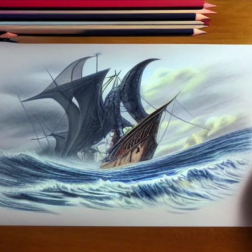 Image similar to coloured pencil drawing of a galion attacked by a giant octopus, rainy day an big waves. d & d, illustration, trending on artstation