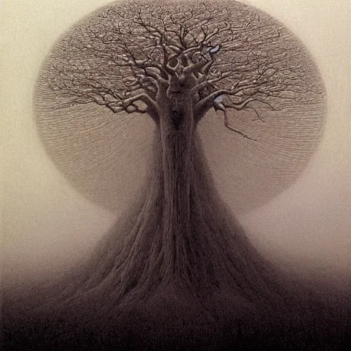 Image similar to Tree of sacral geometry in horror mist by Gustave Doré Greg Rutkowski zdzisław beksiński