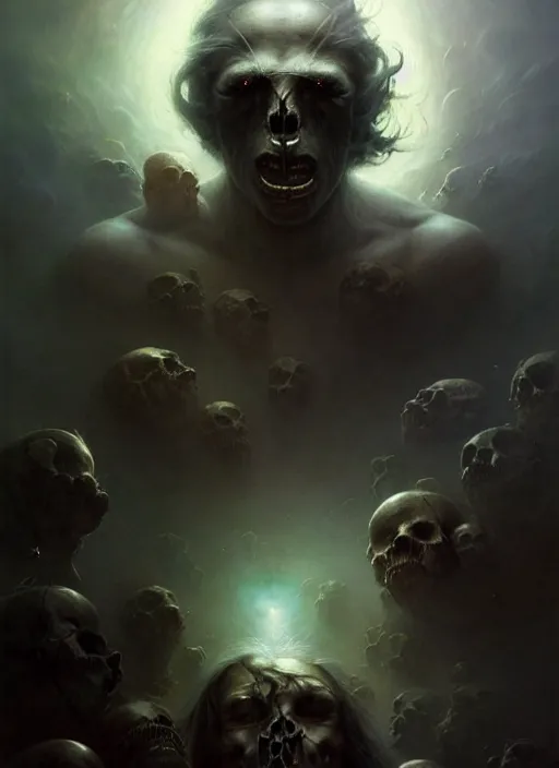 Image similar to shackled in the void of heaven, frank frank frazetta and cgsociety, stunning god sasquatch, charlie bowater and tom bagshaw, insanely detailed, deviantart, space art, atoms surrounded by skulls, death, and spirits deep under the haze smaoke, horror, sci - fi, surrealist painting, by peter mohrbacher