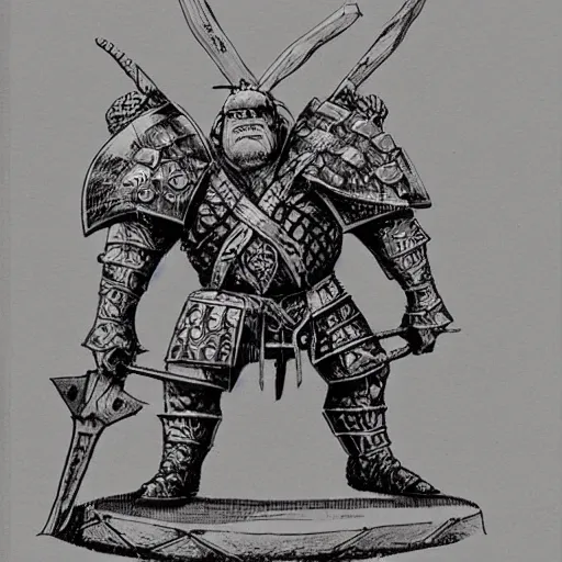 Image similar to ogre warrior wearing plated armor who is holding a battle axe in the style of warhammer fantasy : : head and torso drawing