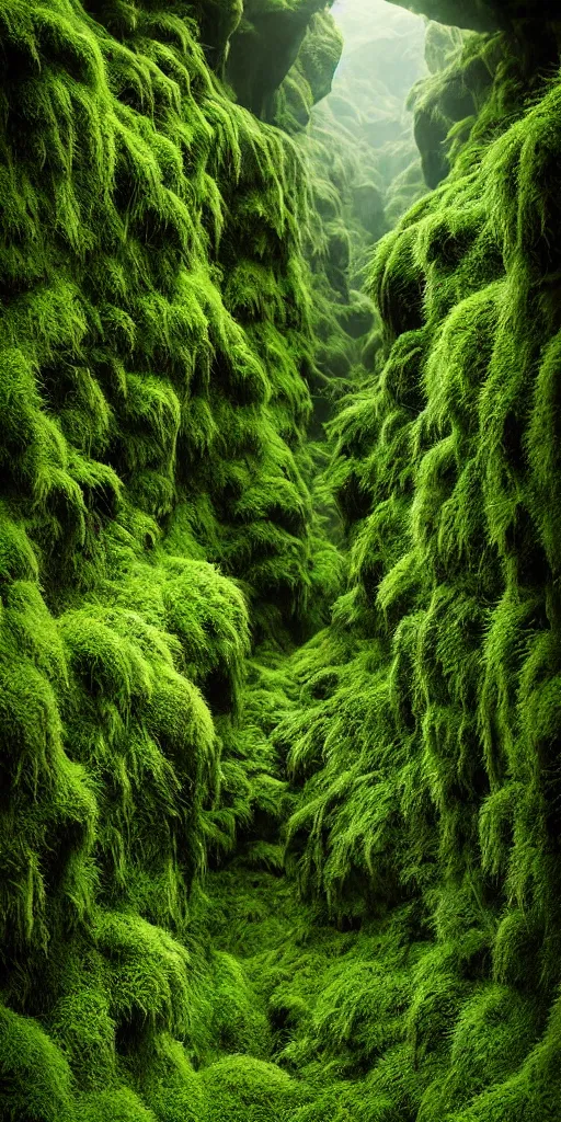 Image similar to dream looking through, a hyper realistic photograph fertile, lush mossy ferns canyon, ferns, minimalist structure, misty, raining, icelandic valley, in the style of reuben wu, roger deakins