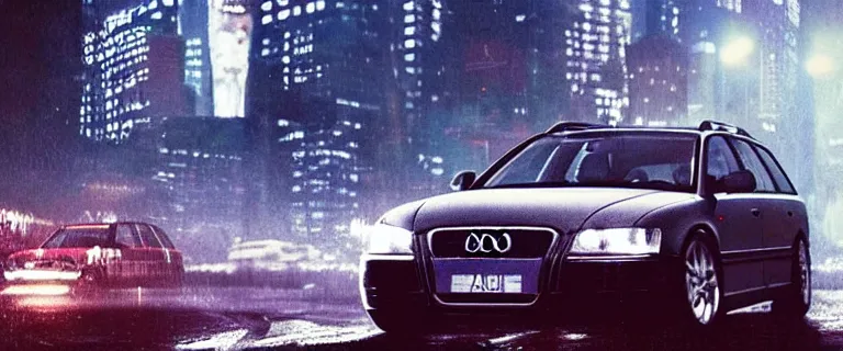 Image similar to Audi A4 B6 Avant (2002), a gritty neo-noir, Max Payne (PC) (2001) winter new york at night, dramatic bright lighting, cinematic, establishing shot, extremely high detail, photorealistic, cinematic lighting, artstation, by simon stalenhag, dark night, bright lights, eldritch horror