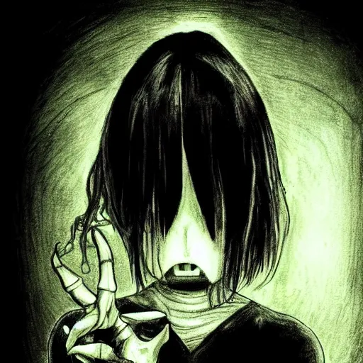Image similar to grunge drawing of an alien in the style of the grudge | horror themed