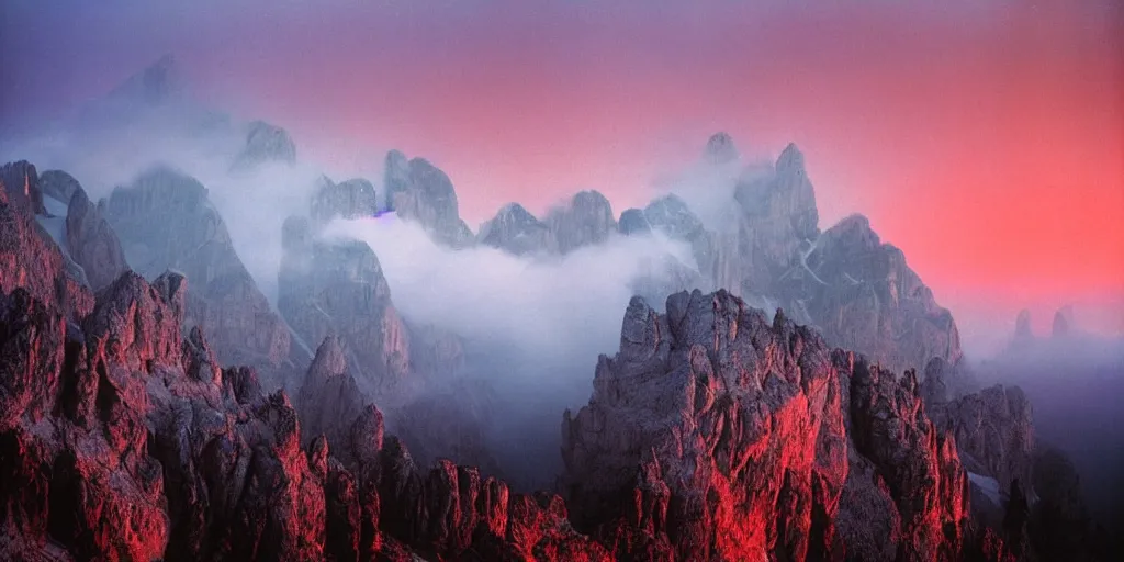 Image similar to 1 9 2 0 s color spirit photography 0 9 9 9 2 9 9 of alpine sunrise in the dolomites, red lit mountains, fog, by william hope, beautiful, dreamy, grainy