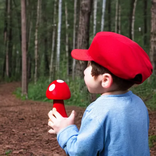 Image similar to real life photograph of Super Mario in the woods, discovering a bright red and white mushroom, his face is filled with extreme surprise, 4K award winning photography