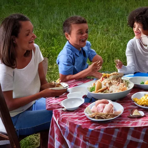 Prompt: a family sitting around the dinner table eating parts of a live cow