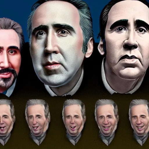 Image similar to nicolas cage in a mount rushmore, octane render, highly detailed digital art, digital photography, concept art, unreal engine, 4k, 8k, ultra HD, fun, laughs, dark humour