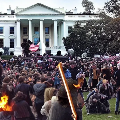 Image similar to a still of thousands of ewoks rioting in front of a the white house in washington.!!!, flaming torches and pitchforks