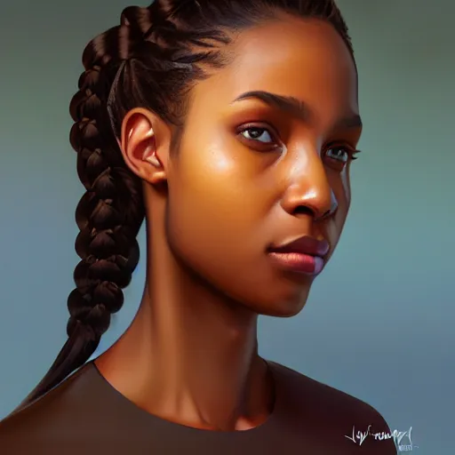 Image similar to a photorealistic hyperrealistic, bright brown eyes, light skinned african young girl, ponytail hair, flawless face, beautiful eyes, cute face, black turtle neck shirt, by wlop, artgerm, greg rutwoski, alphonse mucha, beautiful dynamic dramatic low - light moody lighting, cinematic atmosphere, artstation, concept design art, octane render, 8 k