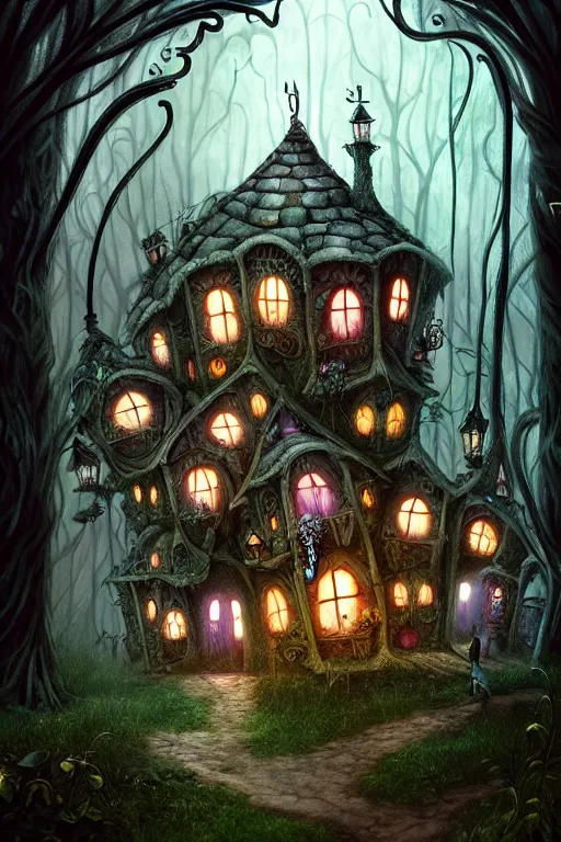 Image similar to a shot from a tim burton movie of a storybook style ramshackle multistory fairytale hut in the forest, intricate, elegant, fantasy, highly detailed, digital painting, concept art, sharp focus, artstation