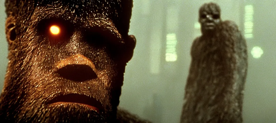 Prompt: an award winning highly detailed close up photo of a lone bigfoot in a still from the movie blade runner ( 1 9 8 2 ), 4 k, high quality