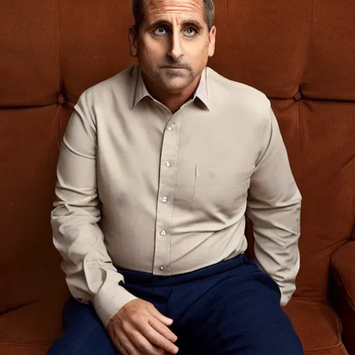 Image similar to full body photo of steve carell, mature male, mysterious face. he is sitting gracefully on a sofa, elegant slim beige shirt, tight shirt, bouncy belly