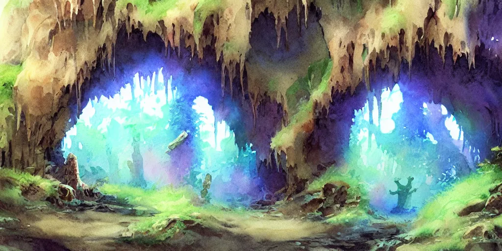 Prompt: cave entrance in the magical forest, exquisite masterpiece watercolor painting, trending on artstation