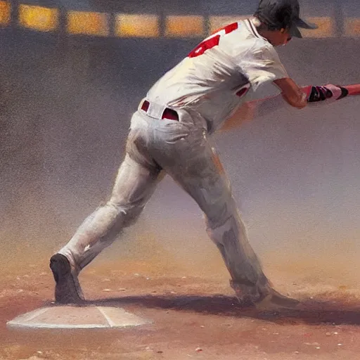 Image similar to baseball player hitting the ball with the baseball bat in the middle of the game and in front of everyone in the stadium, james gurney painting style, greg rutkowski, artstation