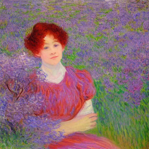 Image similar to portrait of cute girl with short curly red hair sitting in a field of lilac flowers, Monet painting