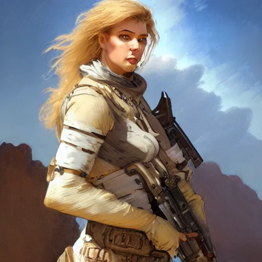 Image similar to portrait of an attractive white female anthro wolf soldier in the desert, tactical gear, female fursona, 4 k, trending on artstation, by gaston bussiere, craig mullins, artgerm, greg rutkowski, alphonse mucha