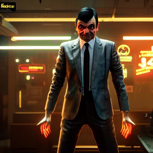 Image similar to mr. bean in cyberpunk 2 0 7 7, highly detailed, extremely high quality, hd, 4 k, 8 k, canon 3 0 0 mm, professional photographer, 4 0 mp, lifelike, top - rated, award winning, realistic, detailed lighting, detailed shadows, sharp, no blur, edited, corrected, trending