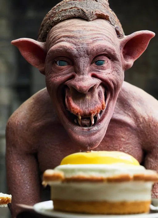 Image similar to closeup portrait of a medieval goblin eating cakes in the cloisters, depth of field, zeiss lens, detailed, symmetrical, centered, fashion photoshoot, by Annie Leibovitz and Steve McCurry, David Lazar, Jimmy Nelsson, Breathtaking, 8k resolution, extremely detailed, beautiful, establishing shot, artistic, hyperrealistic, beautiful face, octane render