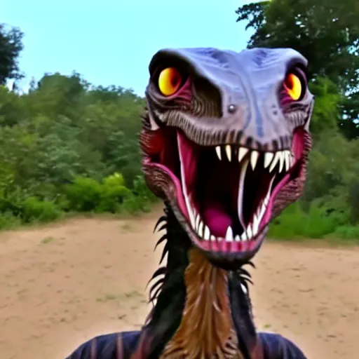 Image similar to still from a velociraptor's vlog