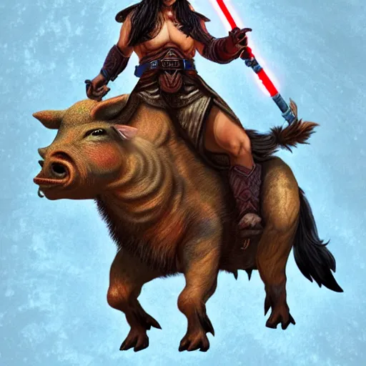 Image similar to mongolian dnd barbarian riding a boar with a lightsaber