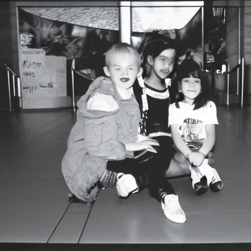 Prompt: due to a spelling error, kids are sitting on satan ’ s lap at the mall, 3 5 mm film camera, 1 9 9 0 s era