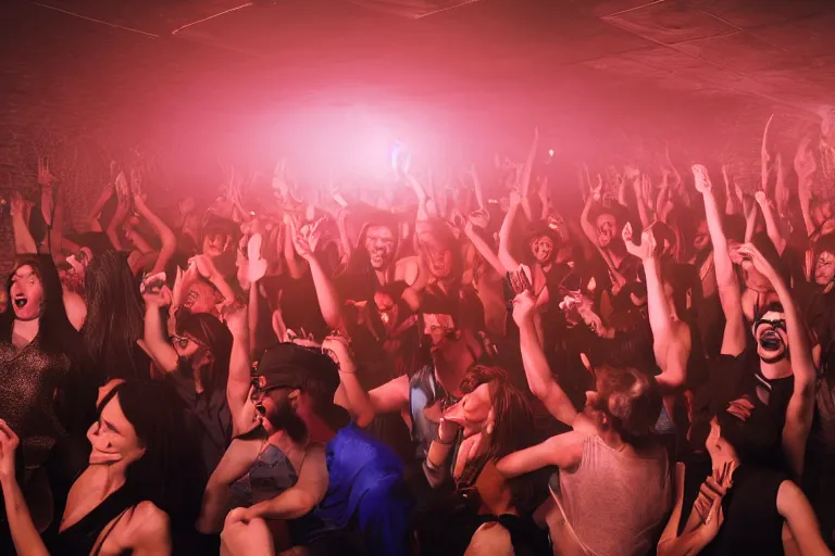 Image similar to a photo of people partying in an underground club, photorealistic, 8 k