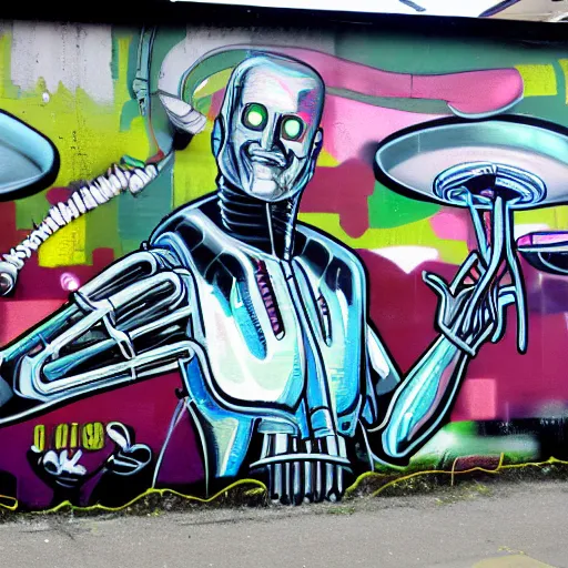 Prompt: Cybernetic implants on Greyhound. Grafitti art mural