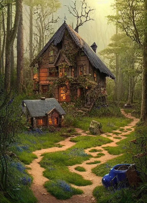 Prompt: hyper realistic homely ornate modern witch cottage distant down a path in the woods gorgeous lighting, blue sky, highly detailed, lush forest by zdzisław beksinski and norman rockwell and greg rutkowskiweta studio, and lucasfilm