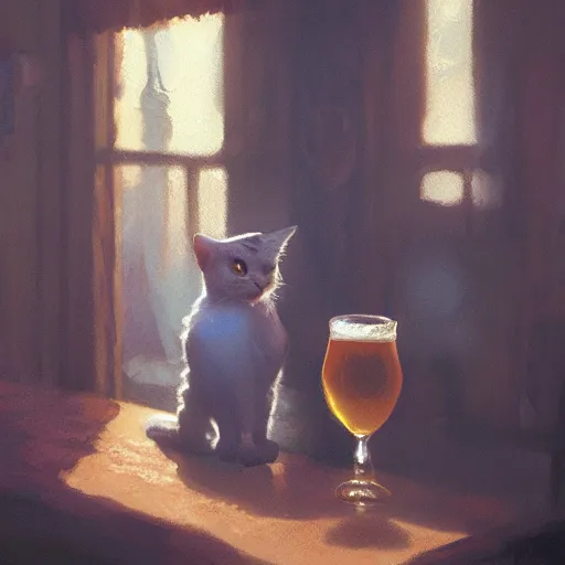 Image similar to a cat in the tavern holding a mug of beer, early morning light from window, craig mullins, hayao miyasaki, artstation, 3 d render, octane